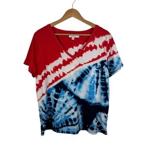 Chicos Tie Dye V-Neck‎ Short Sleeve Tee Size 2 Large Americano Patriotic Summer
